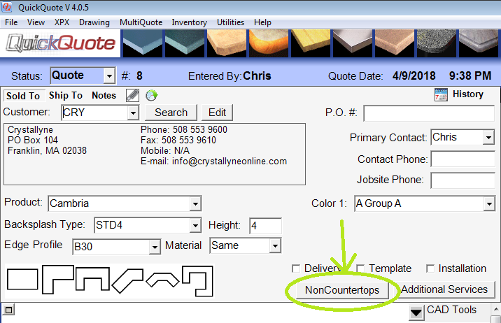 The NonCountertops button in QuickQuote countertop software