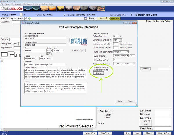 Changing the database location in QuickQuote countertop software