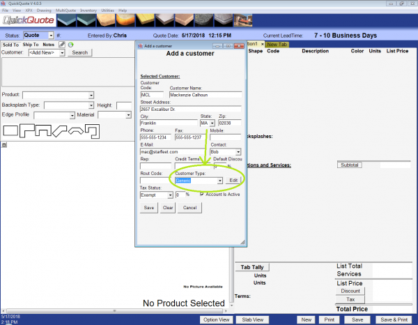 Selecting a customer type in QuickQuote countertop software