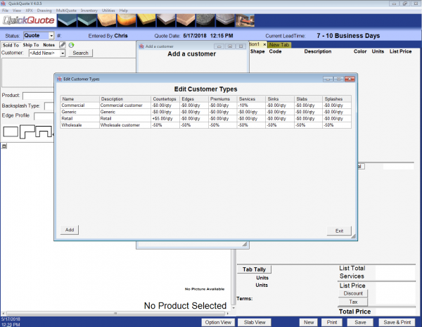 The customer type editor in QuickQoute countertop software