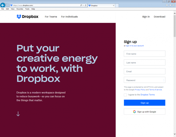 Signing up for Dropbox