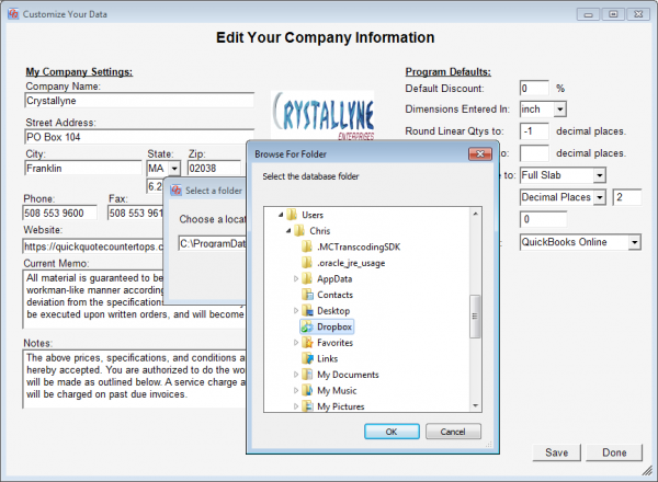 Selecting your DropBox folder for your QuickQuote database