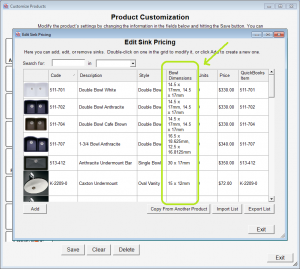 Dimensions for sizing sinks in QuickQuote