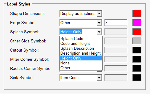 Countertop label drawing defaults