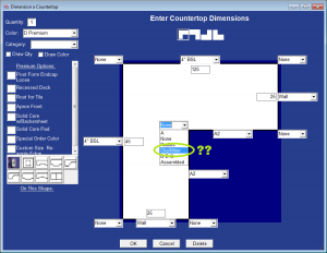 The clip/miter option on an L-shape in QuickQuote countertop software