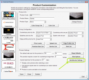 QuickBooks settings button for products in QuickQuote countertop software