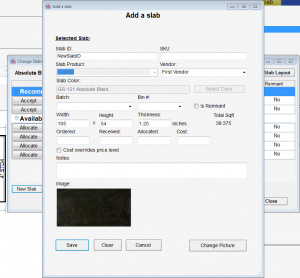 Adding a new slab from the slab manager in QuickQuote countertop software